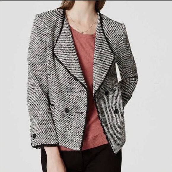 Loft black and white tweed jacket double-breasted fringe size 2 - Picture 1 of 7